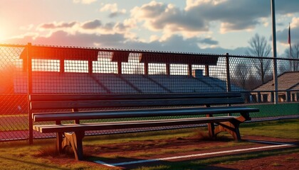 Empty Bench Sits at Ball Field with Sunset Glow and Clouds
