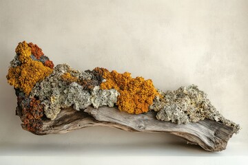 A piece of driftwood adorned with vibrant orange and grey lichen, creating a unique and natural artwork.