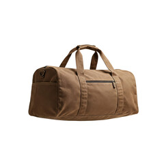 Naklejka premium Floating brown canvas duffel bag, front view, on a solid white background