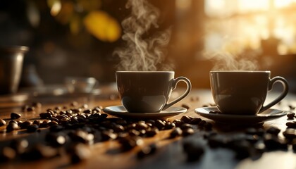 Enjoying Steaming Coffee Cups with Coffee Beans on Wooden Table