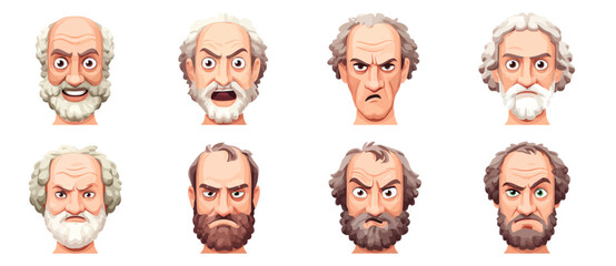 A set of expressive character faces for a Greek philosopher, showcasing different emotions: happy, angry, surprised, sad, mischievous, and neutral.