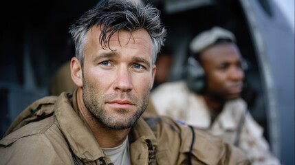 Obraz premium Close-up of two military pilots sitting inside an aircraft cockpit, one in focus and one blurred background