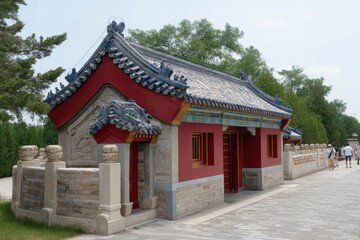 Fototapeta premium Chinese Building with Red Frame and Grey Tiles