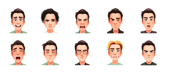 A set of expressive character faces for a Salsa dancer, showcasing different emotions: happy, angry, surprised, sad, mischievous, and neutral.