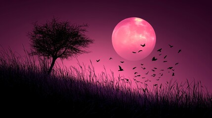 vibrant tropical sunset landscape with trees silhouettes, flock of birds in flight, colorful orange and purple sky, with sea view, peaceful lake reflections