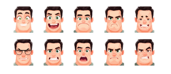 Fototapeta premium A set of expressive character faces for a Weightlifter, showcasing different emotions: happy, angry, surprised, sad, mischievous, and neutral.