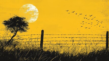 vibrant tropical sunset landscape with trees silhouettes, flock of birds in flight, colorful orange and purple sky, with sea view, peaceful lake reflections