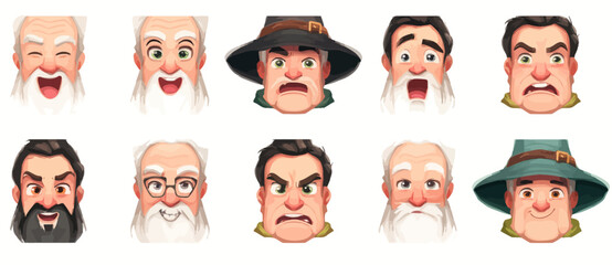 A set of expressive character faces for a Wizard, showcasing different emotions: happy, angry, surprised, sad, mischievous, and neutral.