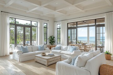 Fototapeta premium Cozy coastal living room with white walls, wood floors, and coffered ceiling. Large windows with ocean view, French doors to balcony, and dining area for four, accented with light blue pillows.