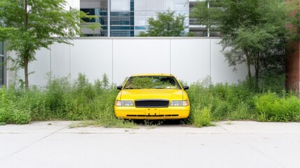 Fototapeta premium Abandoned yellow car in overgrown lot, urban setting