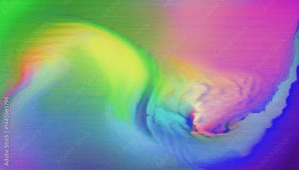 Poster  vibrant abstract glitch texture with neon rainbow colors and horizontal lines for digital art, web design background, modern print or branding graphics