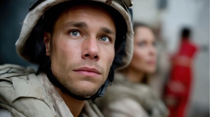 Close-up of a male soldier in uniform with a helmet, with a blurred female soldier and a red figure in the background