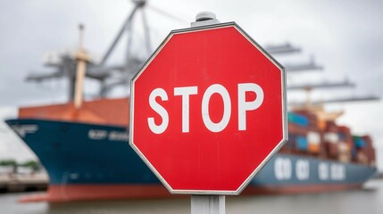 Obraz premium Red STOP sign in front of cargo ship at port with containers,trade or supply chain blockage