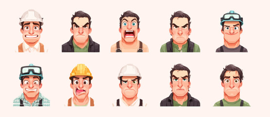 A set of expressive character faces for a Construction worker, showcasing different emotions: happy, angry, surprised, sad, mischievous, and neutral.
