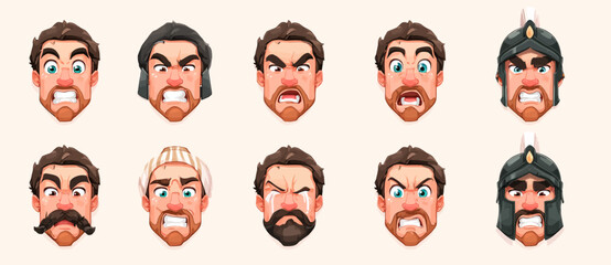 A set of expressive character faces for a Spartan warrior, showcasing different emotions: happy, angry, surprised, sad, mischievous, and neutral.