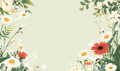 Obraz premium Daisies frame on green background for floral spring website header. AI generated illustration.