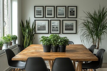 Fototapeta premium Dining room wall with black and white picture frames displaying family memories above a modern wooden table, creating an eclectic and artistic atmosphere with natural light highlighting the unique fr