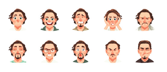 A set of expressive character faces for a DJ, showcasing different emotions: happy, angry, surprised, sad, mischievous, and neutral.