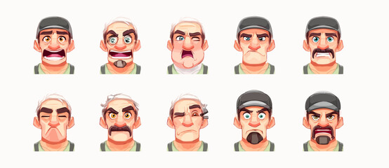 A set of expressive character faces for a Welder, showcasing different emotions: happy, angry, surprised, sad, mischievous, and neutral.