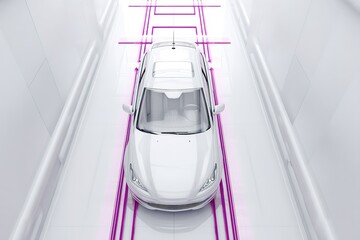 Modern electric vehicle positioned in a bright, futuristic charging station featuring neon pink lines