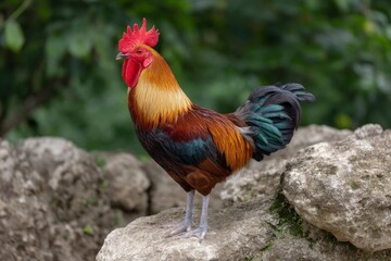 Rooster Perched on Rock in Natural Setting