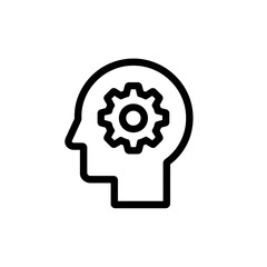 Simple line art icon of a head with a gear inside, representing the concept of problem-solving, brainstorming, and innovation