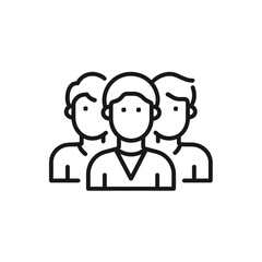 Three outlined people icons on white background; concept for teamwork, collaboration, and community illustrations