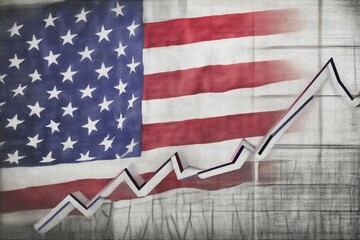 Obraz premium 3D arrow pointing up, bar graph depicting growth in style of USA flag,white background