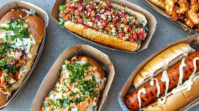 Variety of gourmet hot dogs on disposable trays