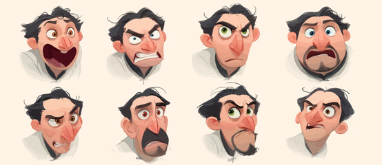 A set of expressive character faces for a Zoologist, showcasing different emotions: happy, angry, surprised, sad, mischievous, and neutral.