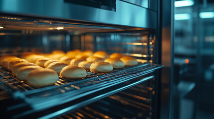 Low-angle view of a toaster oven at work, stainless steel body gleaming under soft kitchen lights, rows of buns baking evenly inside thanks to convection heating
