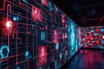 Obraz premium Digital network of user profiles and connections with neon data flow. AI generated illustration.