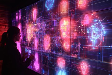 Fototapeta premium Digital network of user profiles and connections with neon data flow. AI generated illustration.