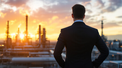 Oil company executive in formal attire standing in front of a complex network of oil storage tanks, pipelines, and industrial towers under a vivid sunset sky