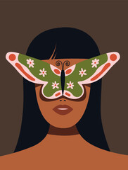Happy Women's Day March 8. Butterfly on the face covers the girl's eyes. Holiday card. Beauty and fashion. Flat vector illustration.
