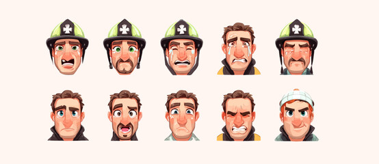 A set of expressive character faces for a Firefighter, showcasing different emotions: happy, angry, surprised, sad, mischievous, and neutral.