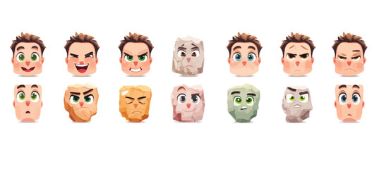 A set of expressive character faces for a Rock climber, showcasing different emotions: happy, angry, surprised, sad, mischievous, and neutral.
