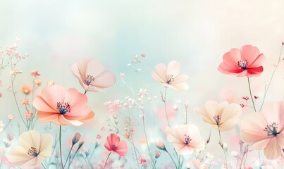 Elegant spring sale banner with pastel blooming flowers and soft gradient background. AI generated illustration.