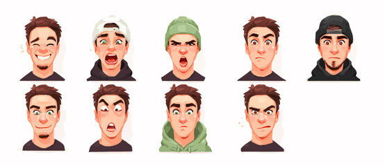 A set of expressive character faces for a Breakdancer, showcasing different emotions: happy, angry, surprised, sad, mischievous, and neutral.