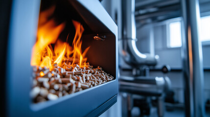 Close-up of a private home's biofuel heating setup, bright wood pellets ablaze inside the stove, stainless steel pipes and pressure gauges surrounding the unit