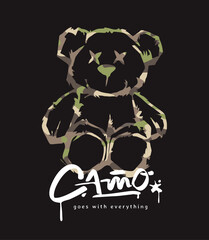 camo calligraphy slogan with graphic bear doll on camouflage background