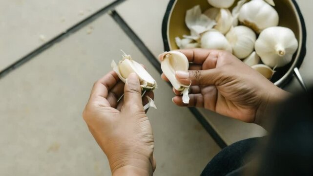 Hands gently separate fresh garlic bulb into cloves, peel crackles softly as skin is removed.