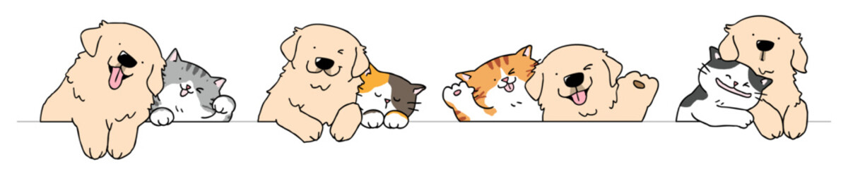 Vector Illustration of Cartoon Dog and Cat Couples on Isolated Background. Hand Drawn Vector Illustration.