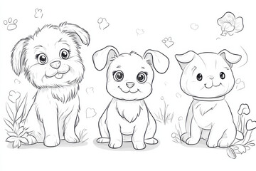 Adorable pets line art fun coloring with dogs cats & rabbits for kids in creative homes