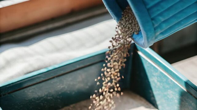 Carom seeds gently pouring from a blue fabric pouch into a teal container.