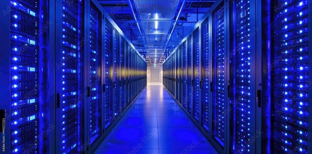 Poster high tech data center with glowing blue servers in rows and modern lighting, ideal for it, cloud, or