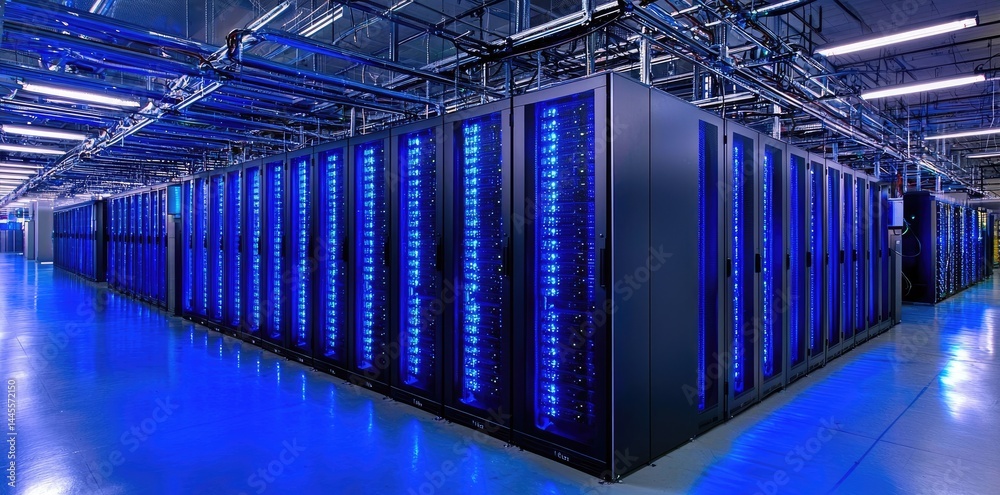 Aufkleber modern data center corridor with symmetrical server racks illuminated by blue led lights, suitable f