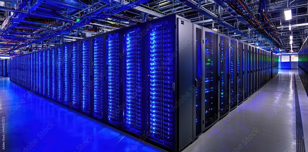 Aufkleber large scale server room interior with endless rows of blue lit server cabinets, perfect for cloud co