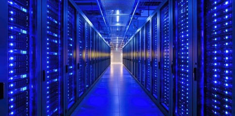 Fototapeta premium High tech data center with glowing blue servers in rows and modern lighting, ideal for IT, cloud, or cybersecurity themes