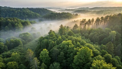 Fototapeta premium Misty Sunrise Over Lush Green Forest
